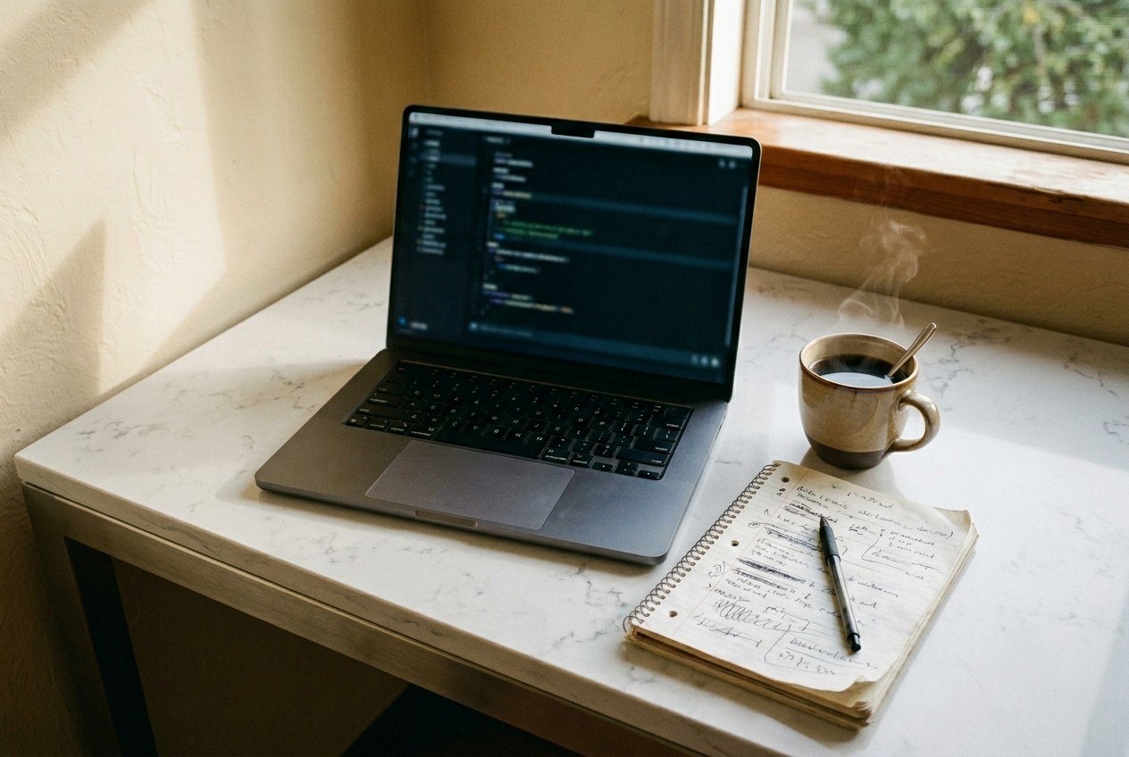 A laptop on a wooden desk with a notebook and coffee, late afternoon light — focused mid-work