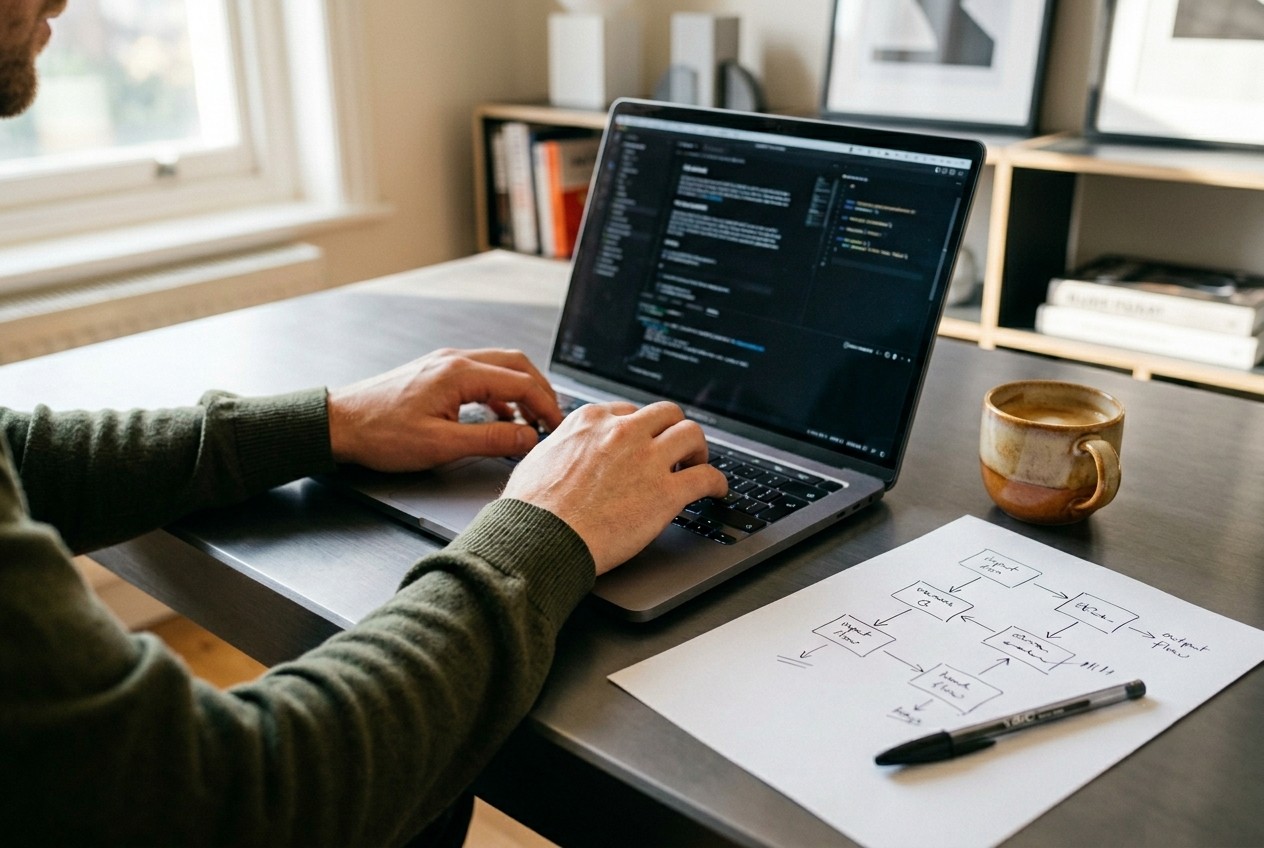 Hands at a laptop with a paper flow diagram beside it — mid-build