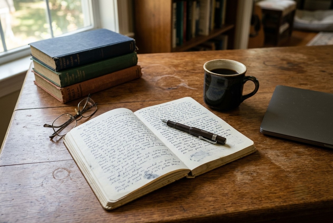 A wooden desk with a notebook, pen, books, and laptop — working notes in progress