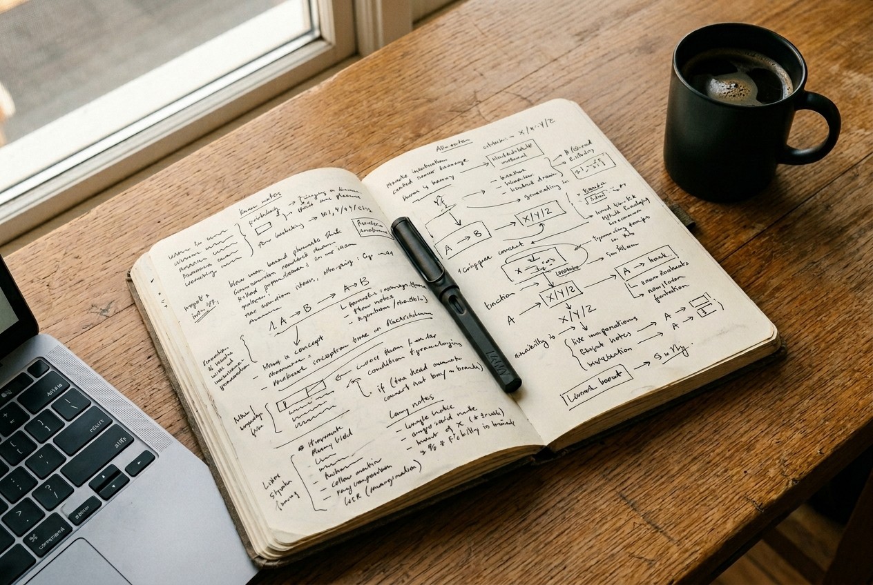 Working notes — handwritten sketches and flow diagrams across a notebook spread