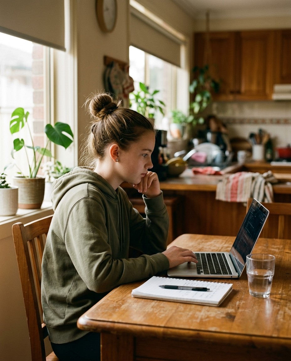 A teenager focused on building with AI on her laptop