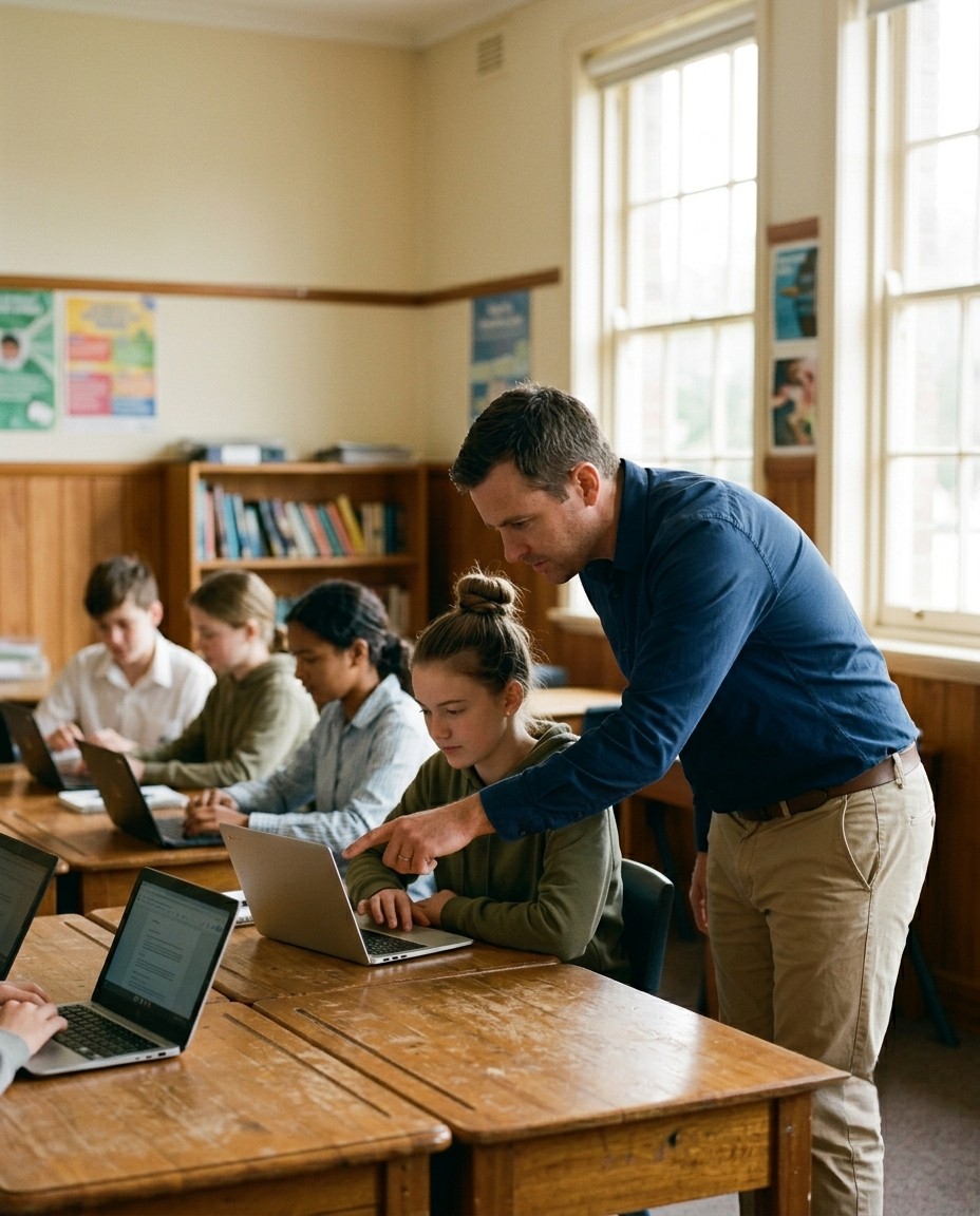 Students working with AI on laptops in a classroom, facilitator helping