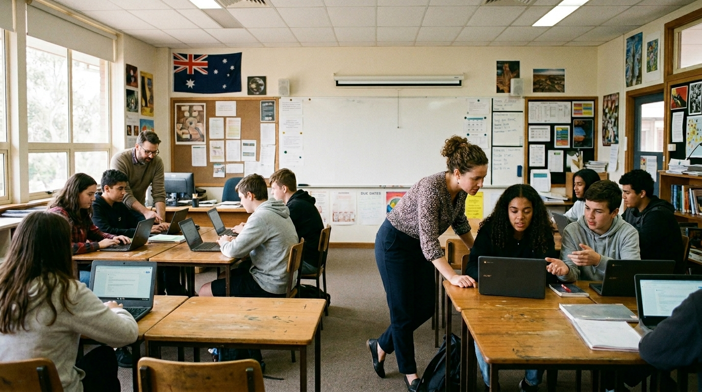 A school classroom with students at laptops, facilitators moving through the room