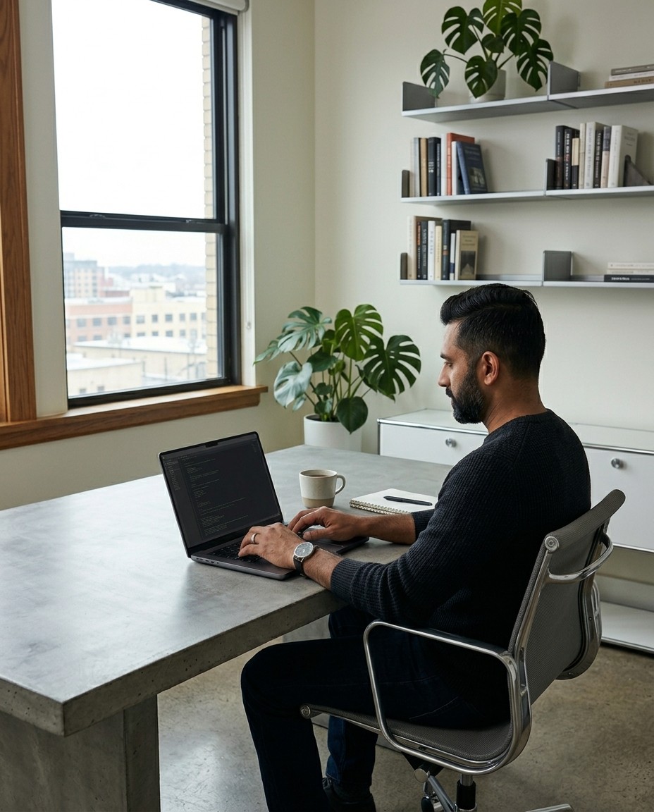 A professional working with AI tools at a focused workspace