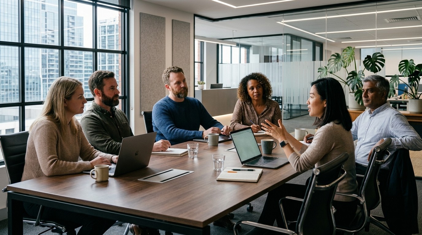 A small cohort of professionals working together at a long wooden table
